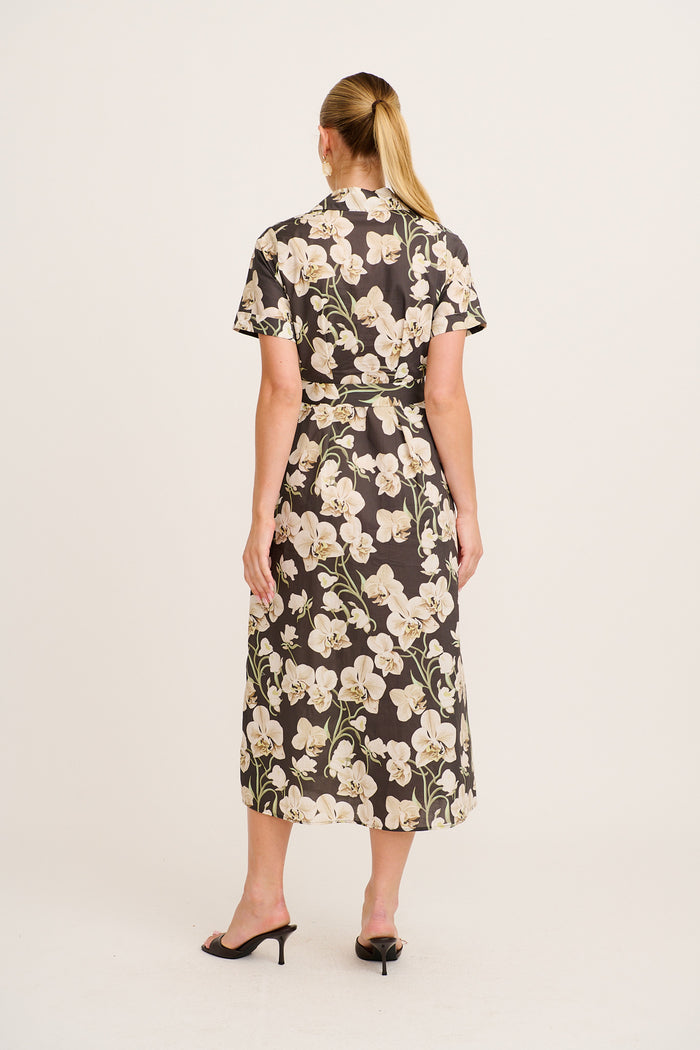 Mystery Midi Shirt Dress in Green Floral Print Cotton back