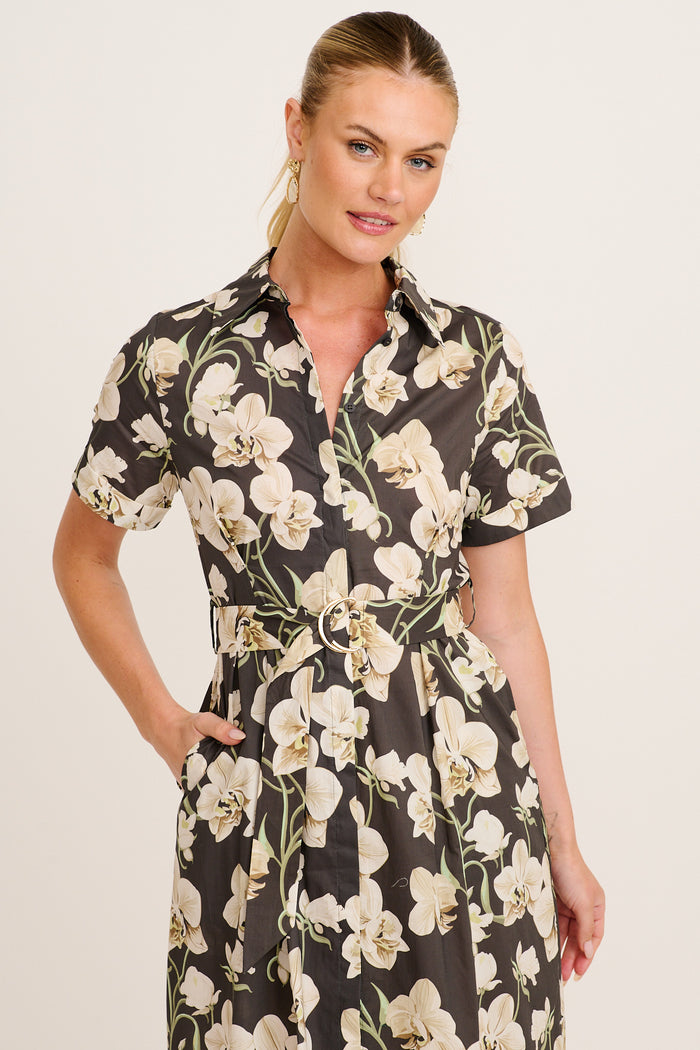 Mystery Midi Shirt Dress in Green Floral Print Cotton front