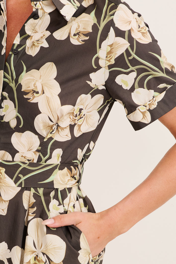 Mystery Midi Shirt Dress in Green Floral Print Cotton detail