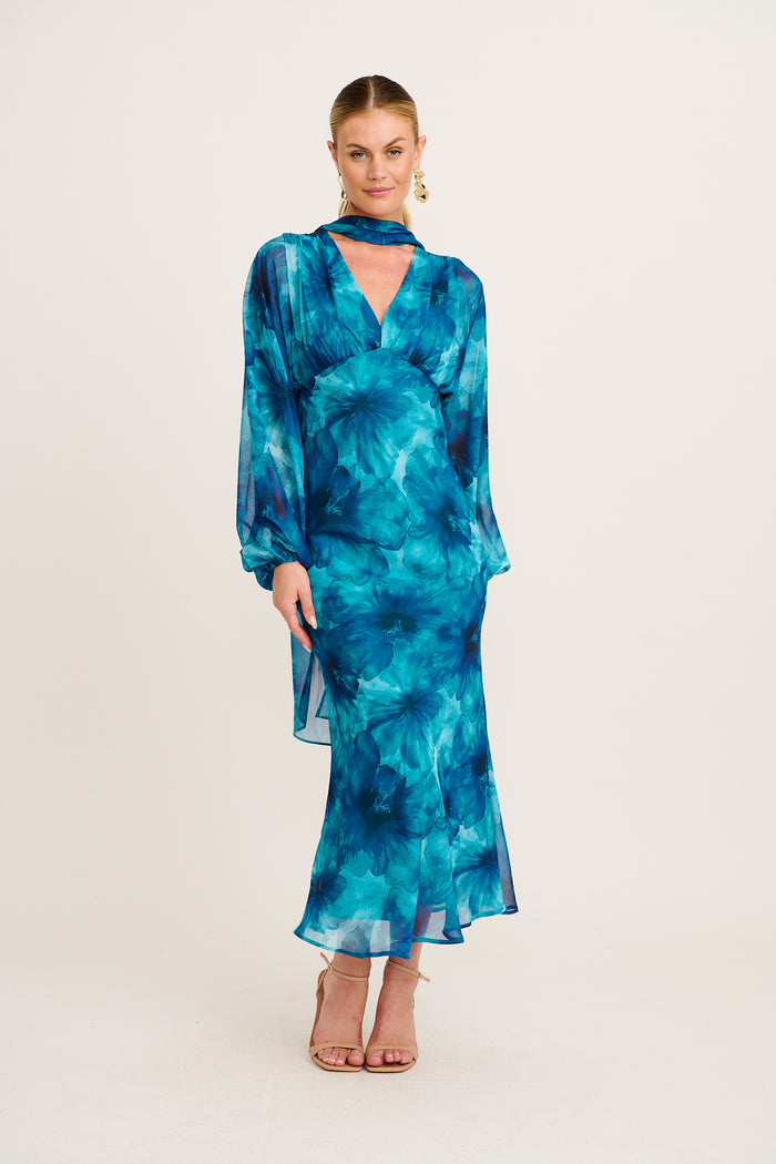 Luxe Legacy Maxi Dress in Blue Floral Chiffon full length