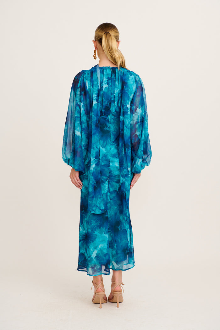 Luxe Legacy Maxi Dress in Blue Floral Chiffon back
