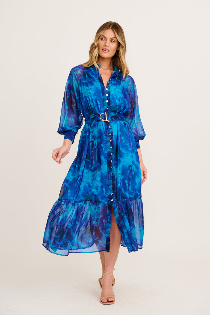 Dive In Maxi Dress in Blue Floral Chiffon full length