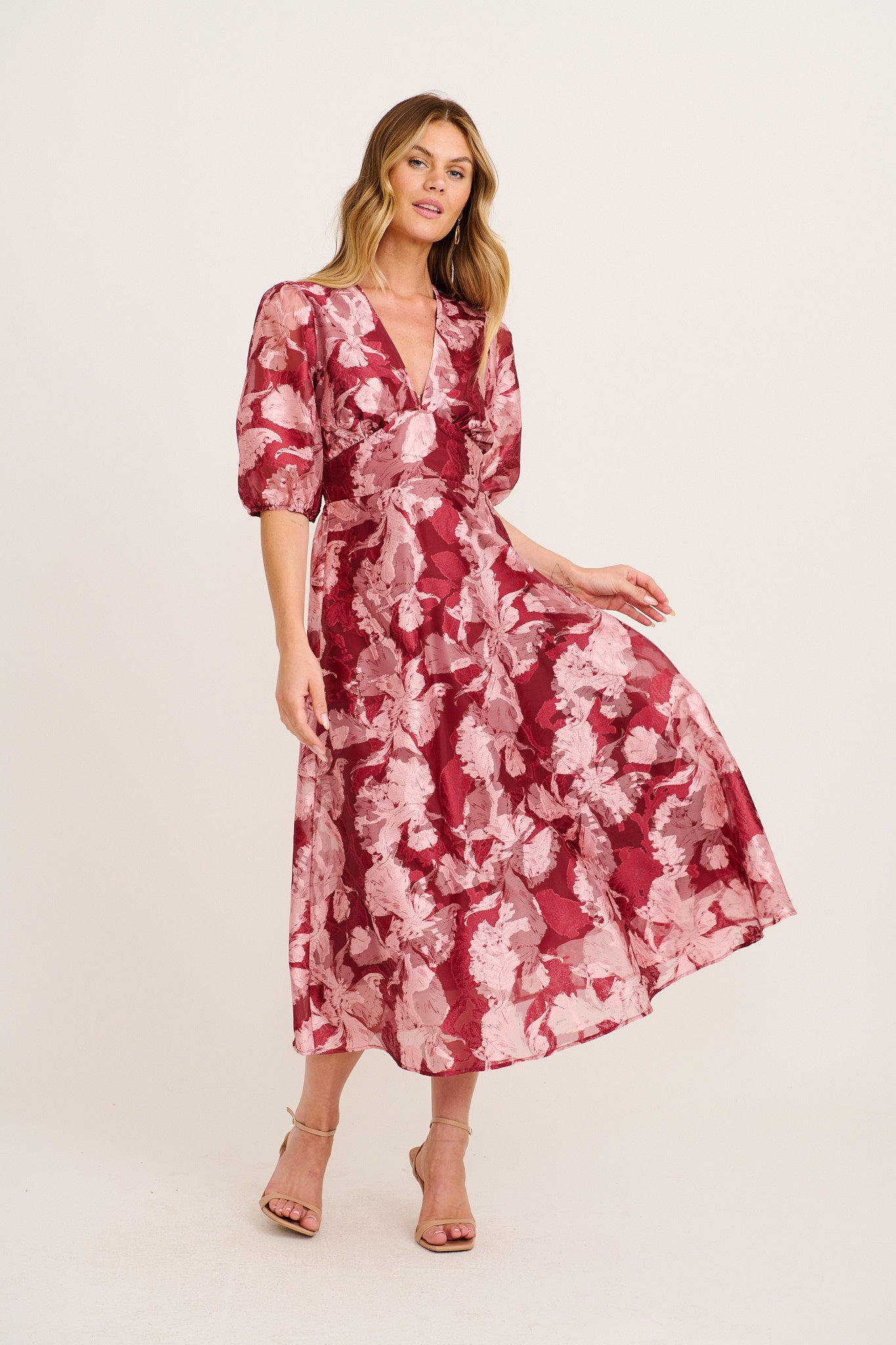 Opulence Midi Dress in Wine Floral Organza full length