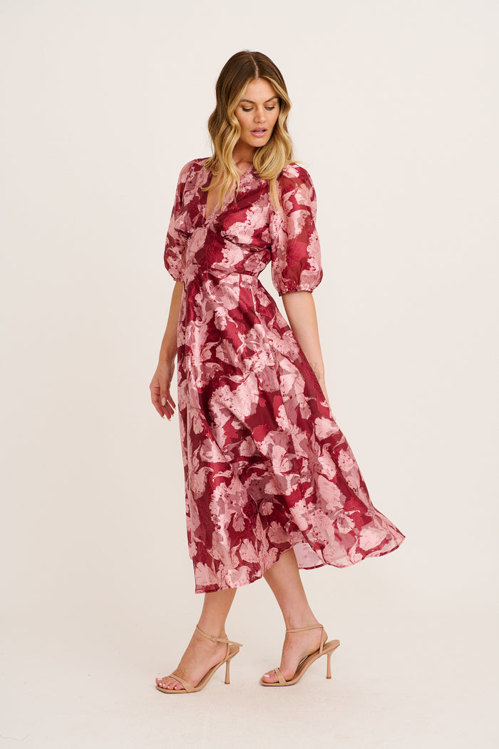 Opulence Midi Dress in Wine Floral Organza side