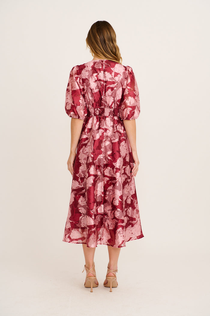 Opulence Midi Dress in Wine Floral Organza back