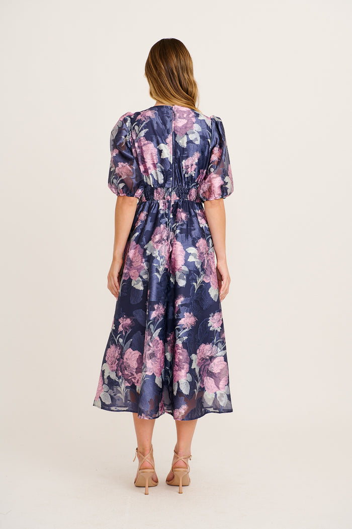 Opulence Midi Dress in Navy with Pink Floral Organza back