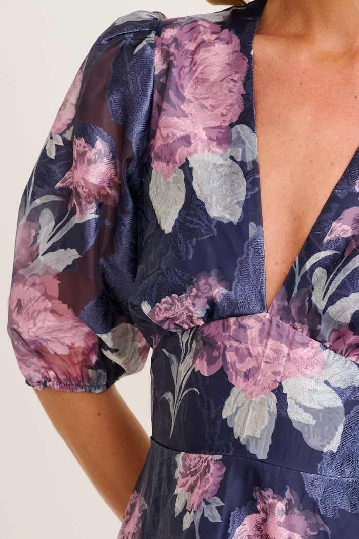 Opulence Midi Dress in Navy with Pink Floral Organza detail