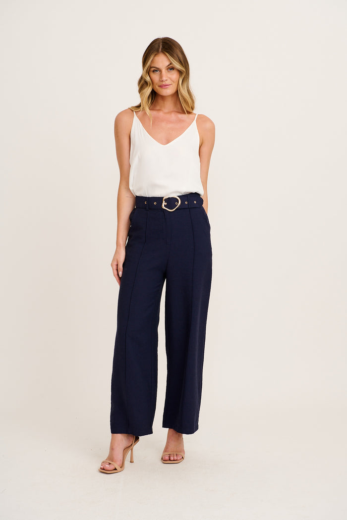 Power Dressing Pant in Navy Linen Blend full length