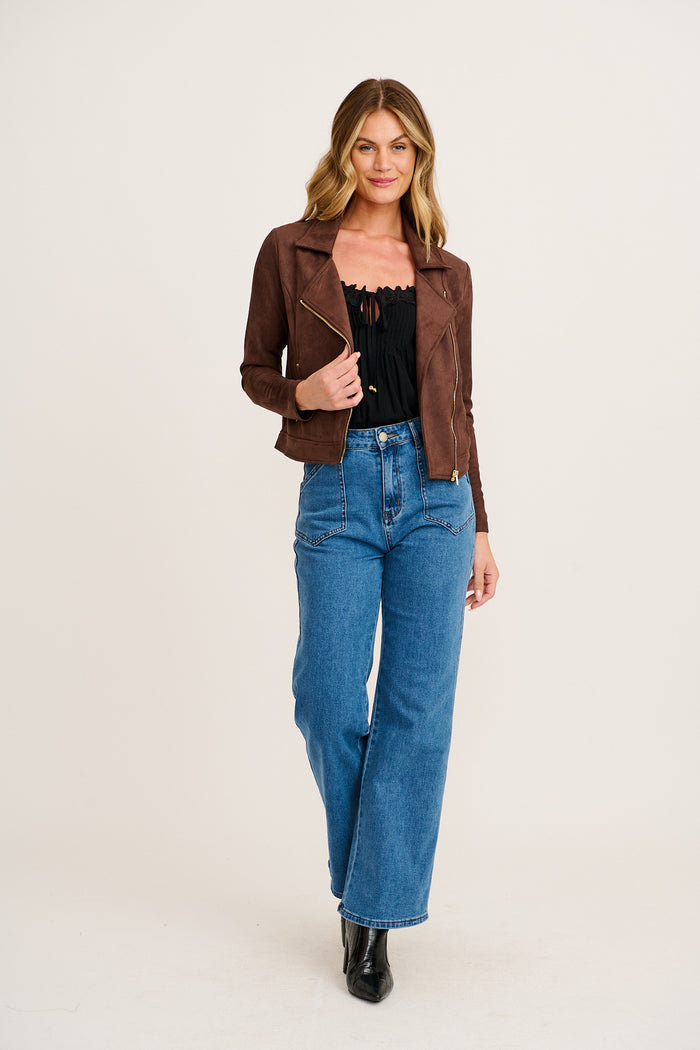 PRE ORDER Zodiac Jacket in Chocolate Suedette full length