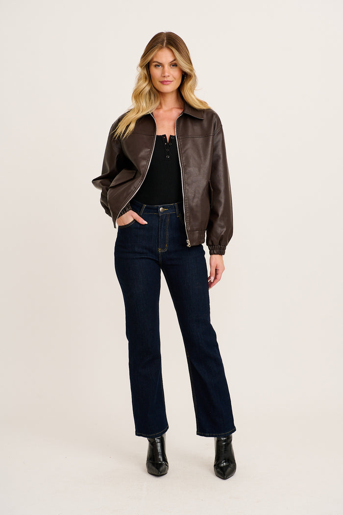 Dewdrop Bomber Jacket in Chocolate Leatherette full length