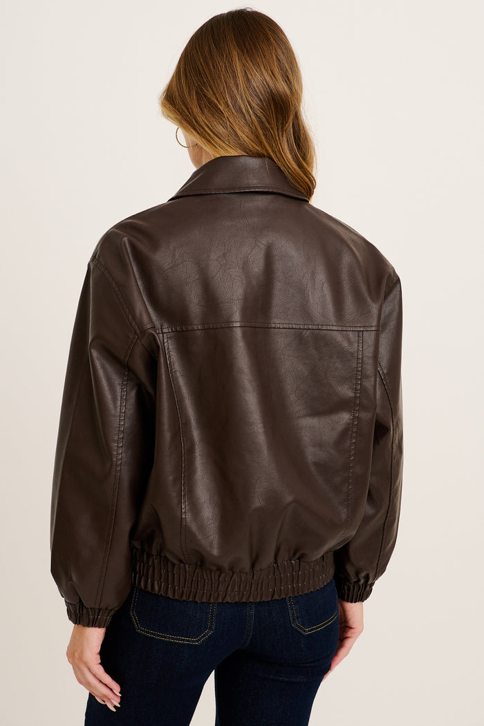 Dewdrop Bomber Jacket in Chocolate Leatherette back