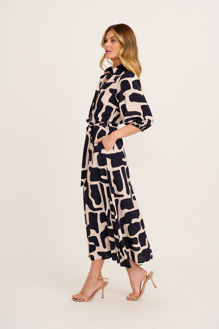 Coco Maxi Shirt Dress in Black with Cream Print