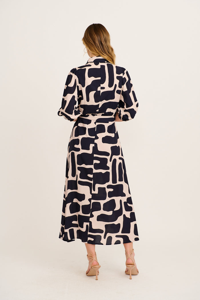 Coco Maxi Shirt Dress in Black with Cream Print back