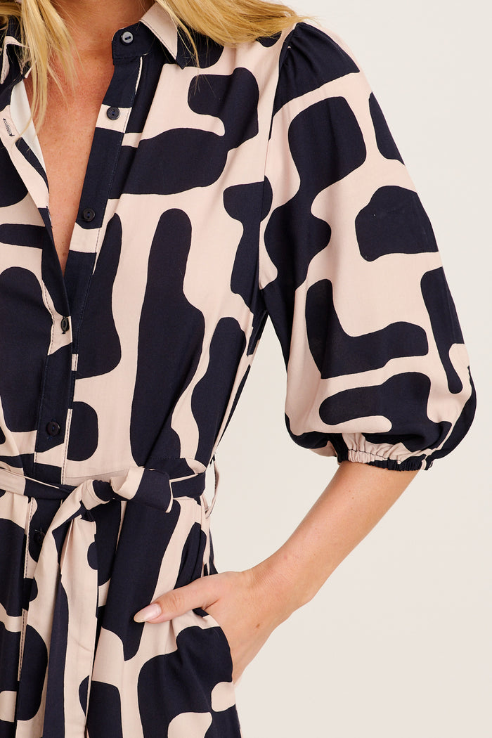 Coco Maxi Shirt Dress in Black with Cream Print detail