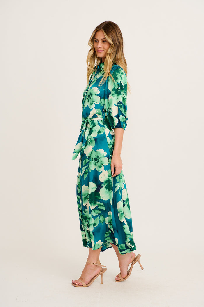 Elevation Maxi Shirt Dress in Emerald Floral Satin side