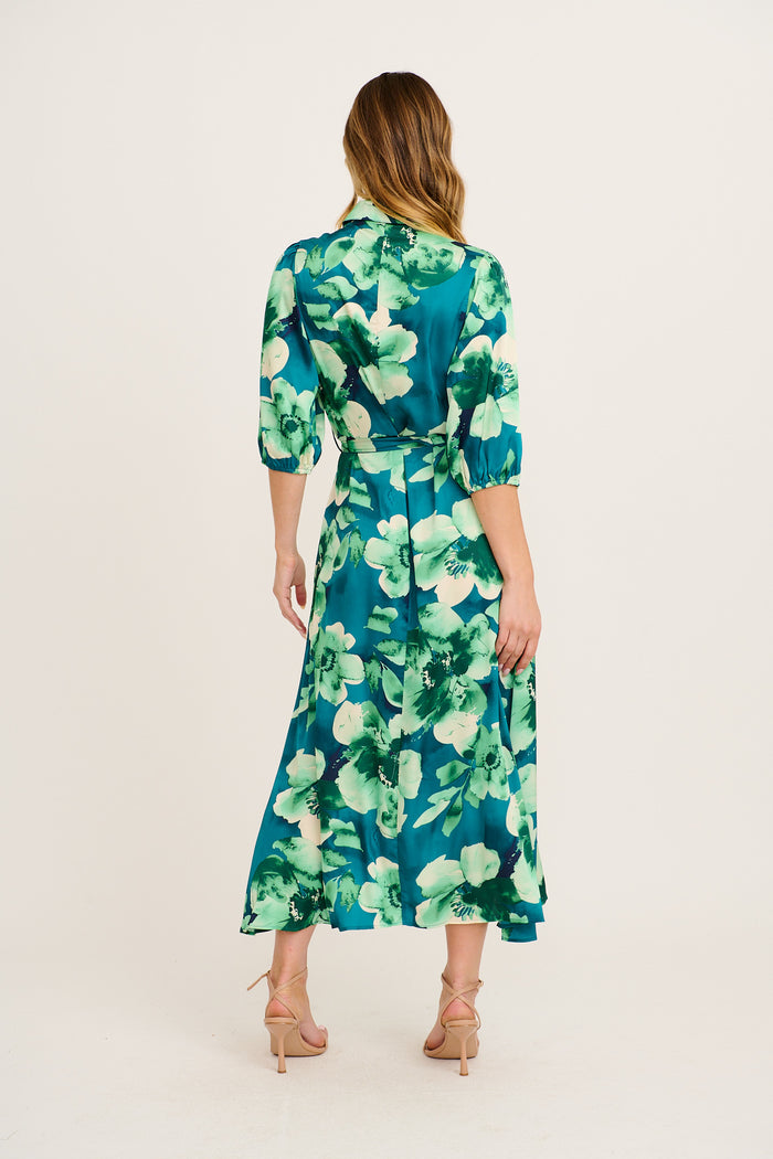 Elevation Maxi Shirt Dress in Emerald Floral Satin back