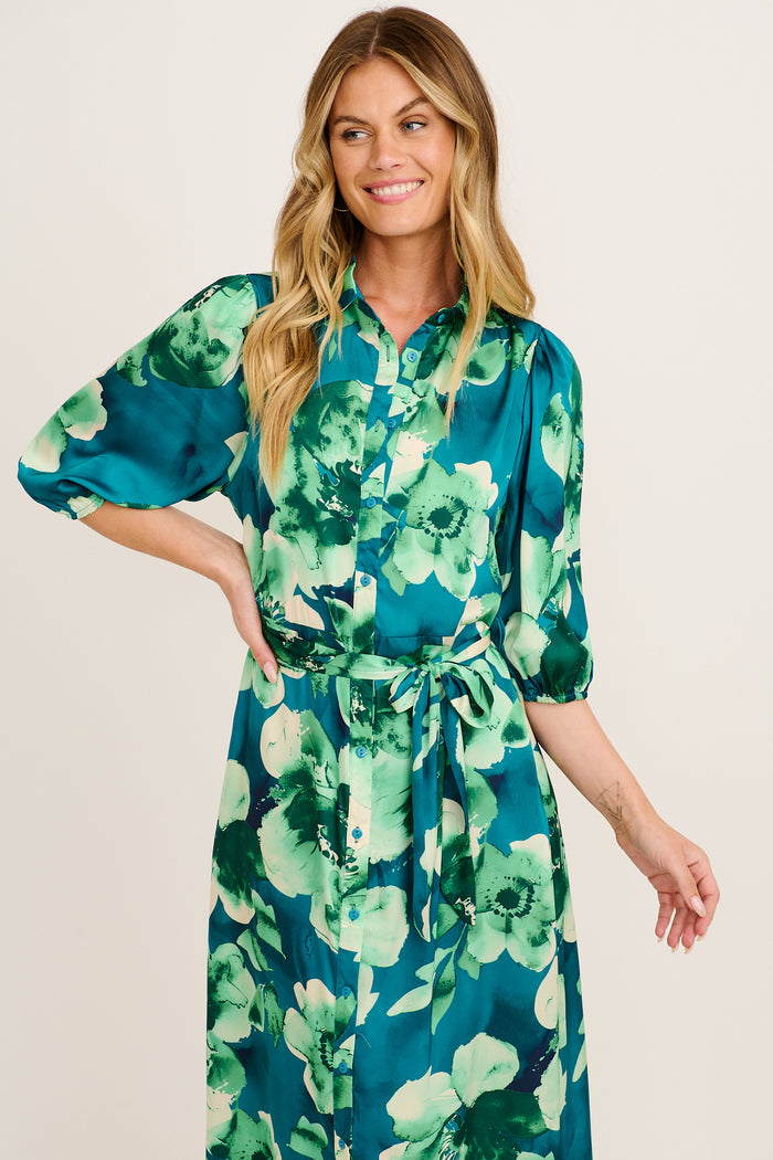 Elevation Maxi Shirt Dress in Emerald Floral Satin front