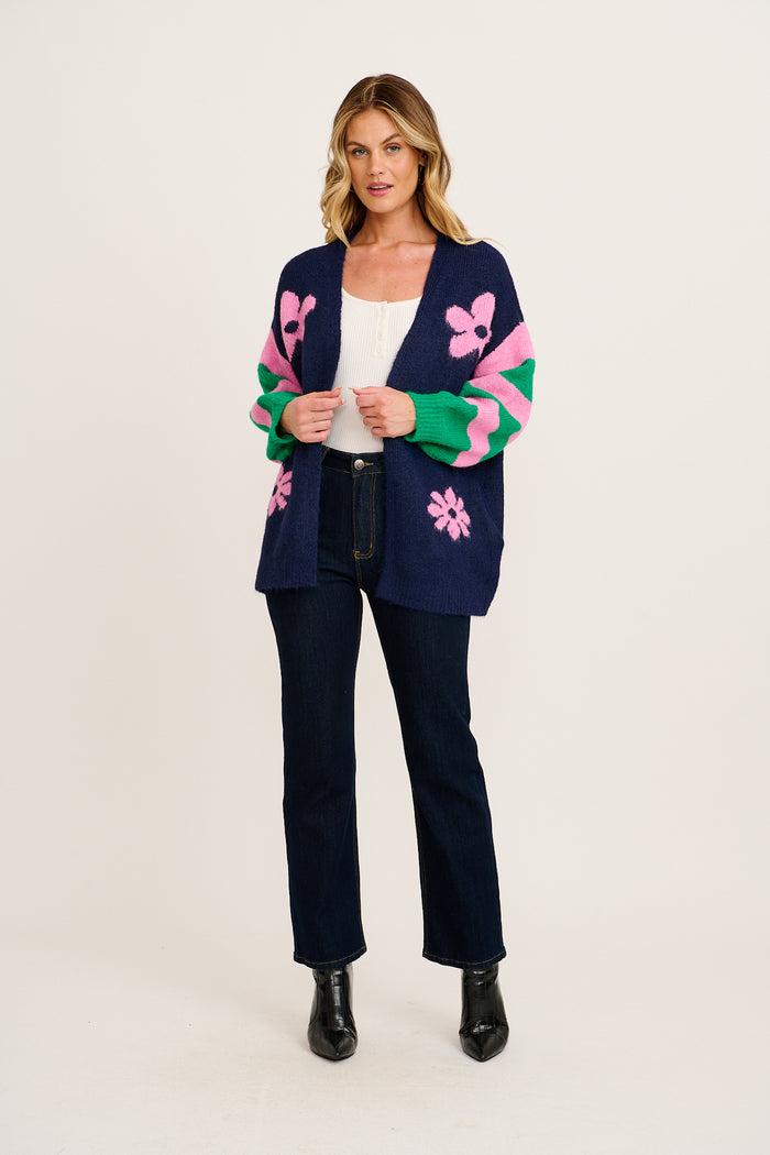 Captivate Knit Cardigan in Navy with Pink Floral Wool Blend full length