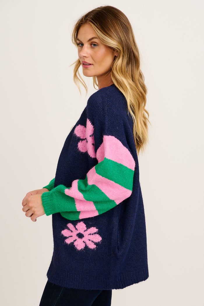 Captivate Knit Cardigan in Navy with Pink Floral Wool Blend side