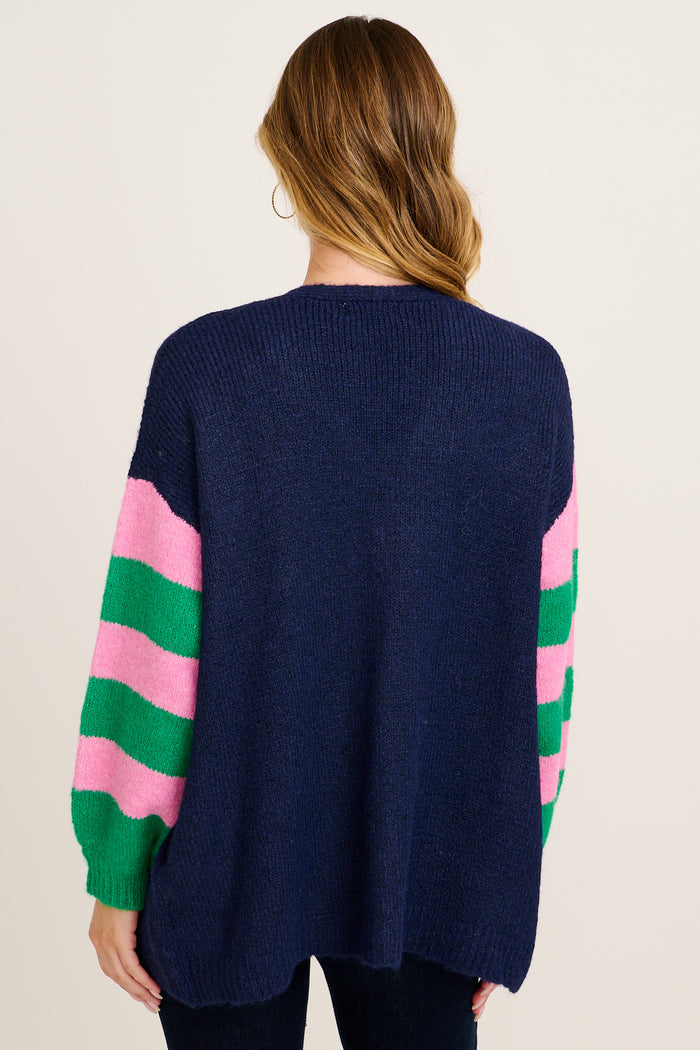 Captivate Knit Cardigan in Navy with Pink Floral Wool Blend back