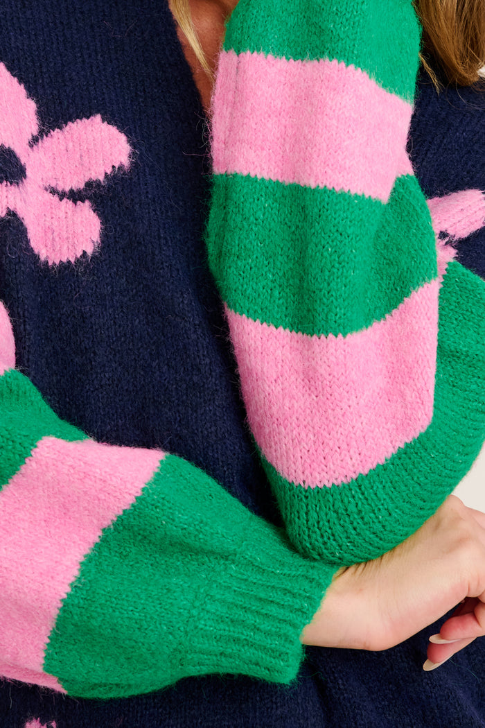 Captivate Knit Cardigan in Navy with Pink Floral Wool Blend detail