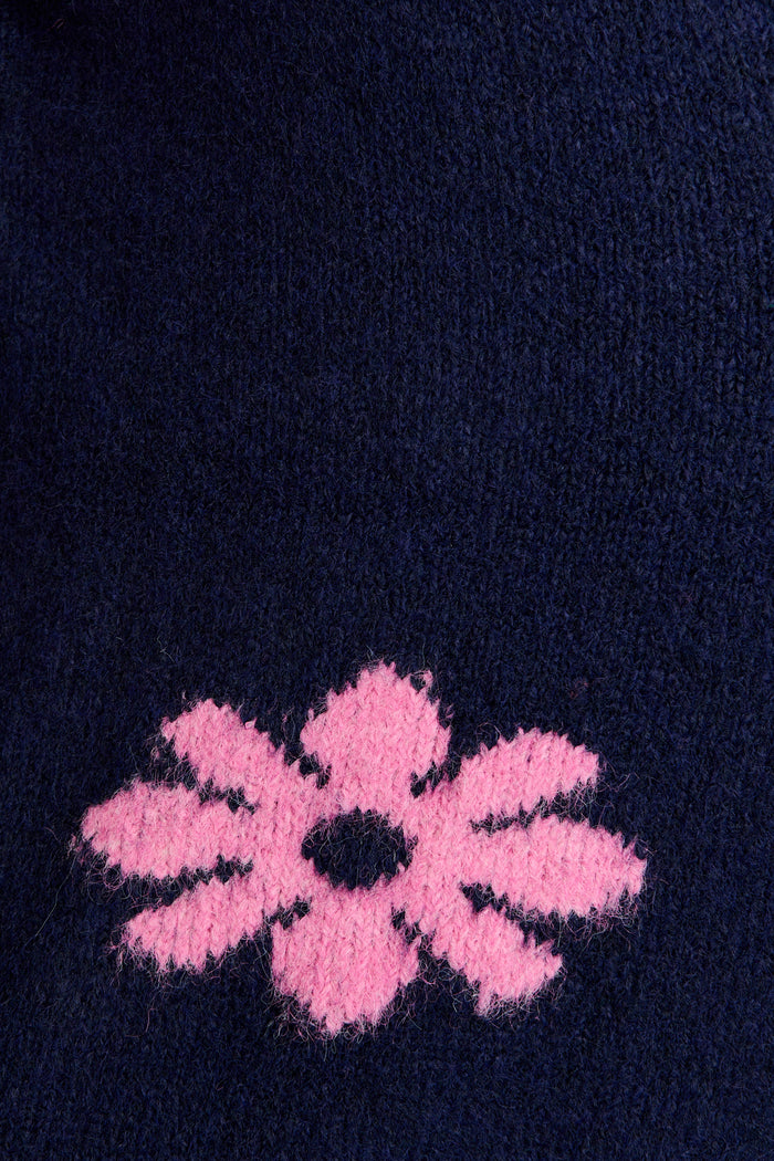 Captivate Knit Cardigan in Navy with Pink Floral Wool Blend fabric