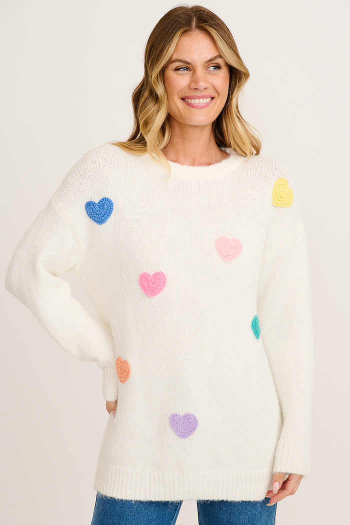 Queen Of Hearts Knit in Cream with Multi Hearts Wool Blend front
