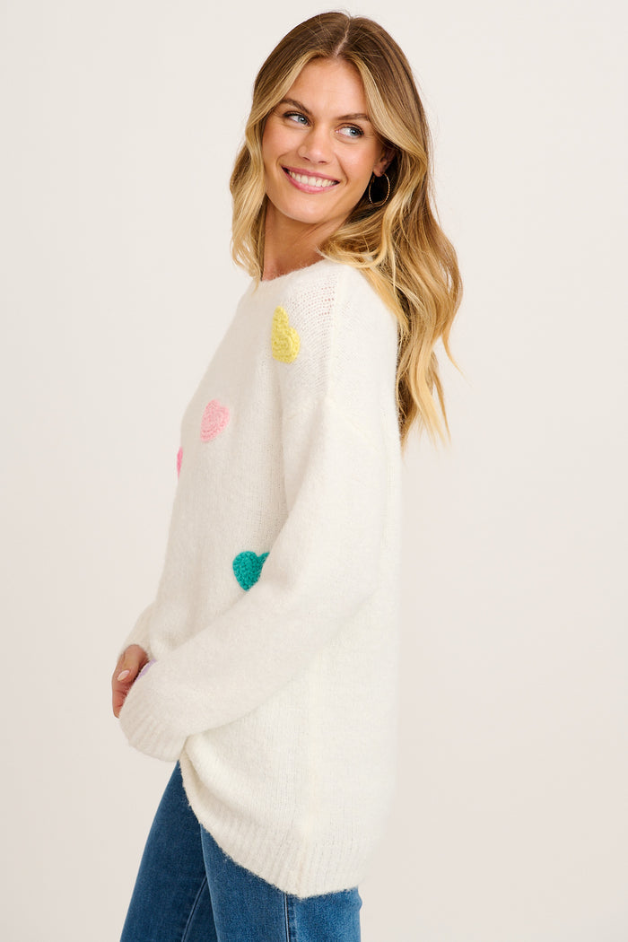 Queen Of Hearts Knit in Cream with Multi Hearts Wool Blend side