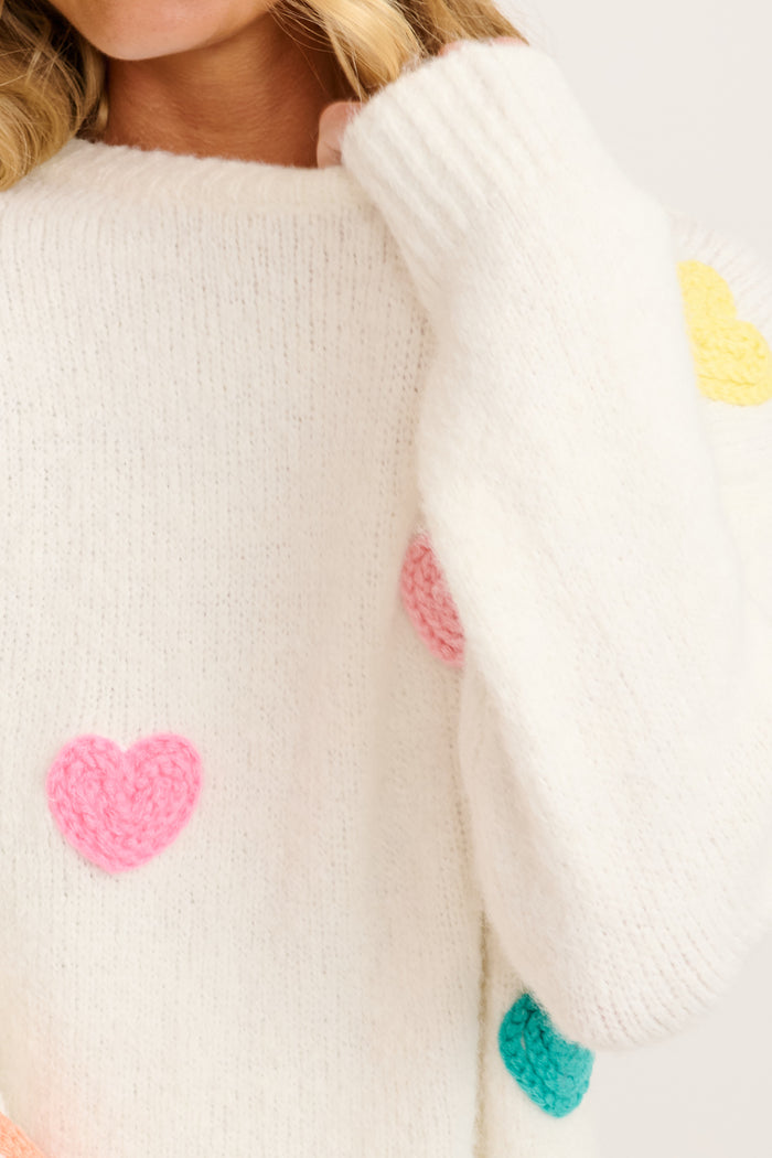 Queen Of Hearts Knit in Cream with Multi Hearts Wool Blend detail