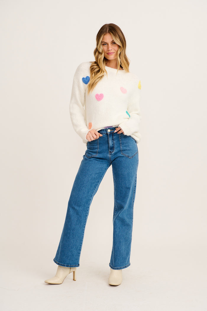 Queen Of Hearts Knit in Cream with Multi Hearts Wool Blend full length