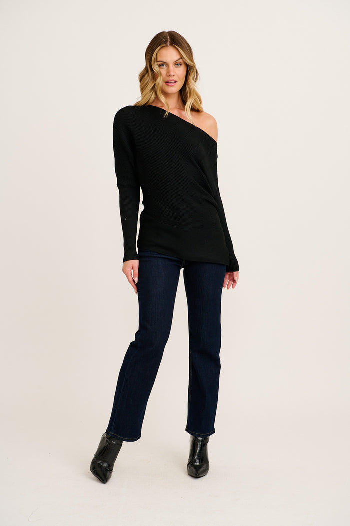 Cloud One Shoulder Knit In Black Wool Blend full length