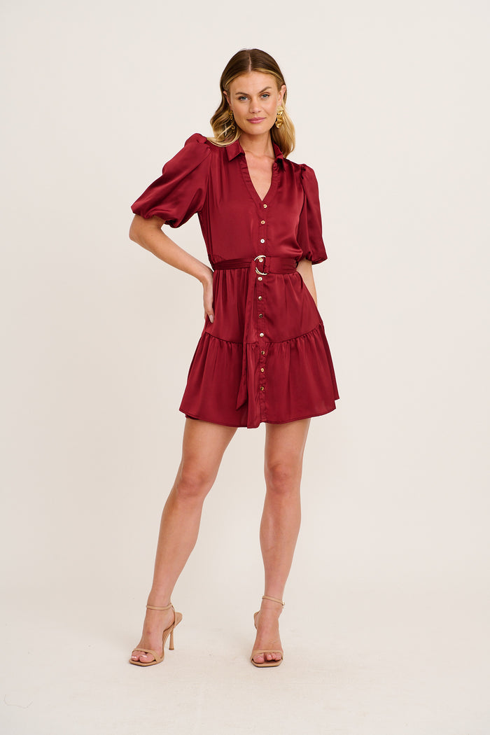 Evening Shine Shirt Dress in Wine Satin full length