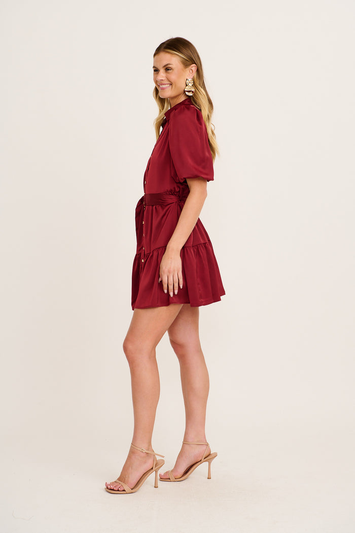 Evening Shine Shirt Dress in Wine Satin side