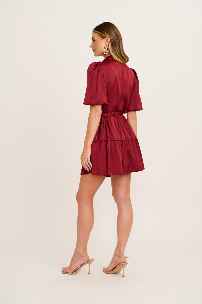 Evening Shine Shirt Dress in Wine Satin back