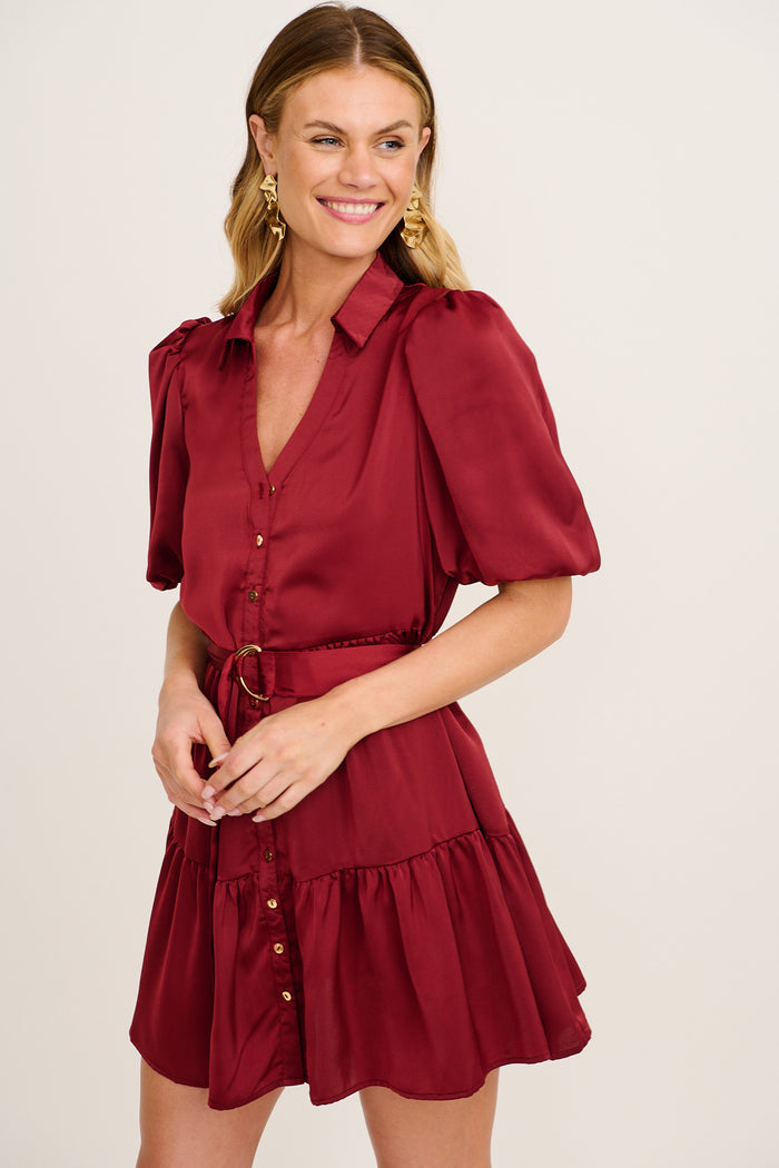 Evening Shine Shirt Dress in Wine Satin front