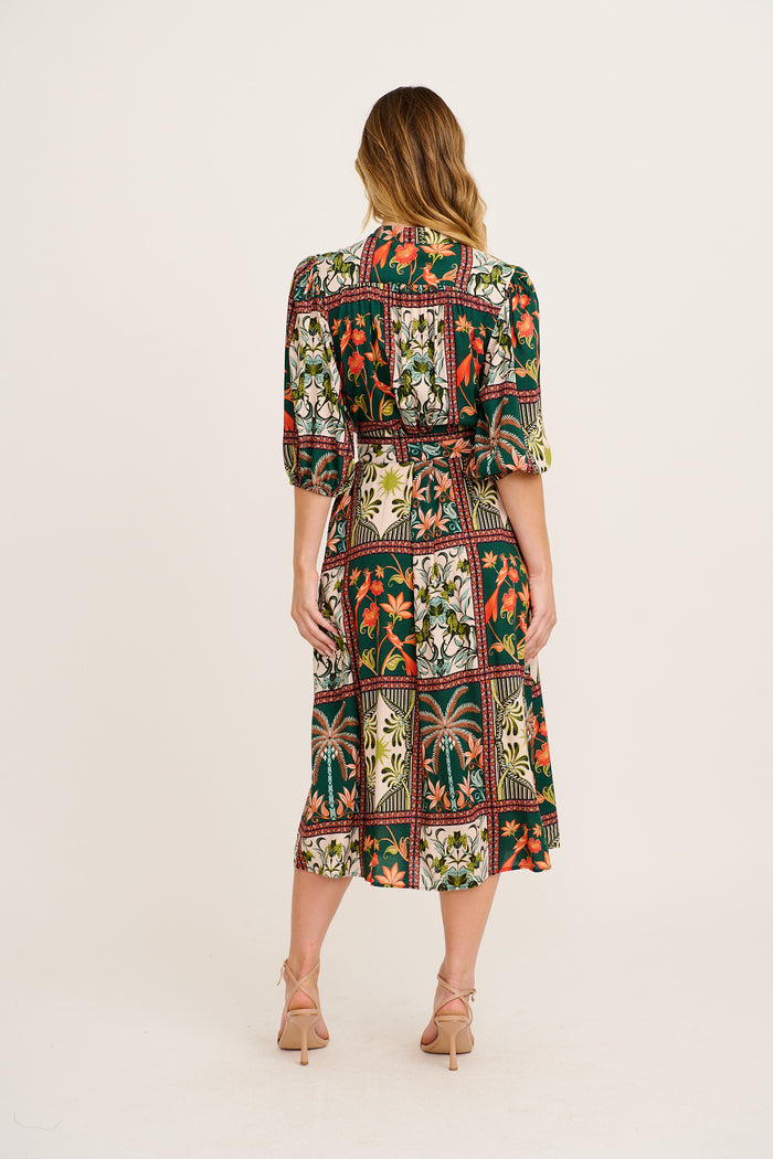 Wildflower Tiles Midi Shirt Dress in Green Tile Print back