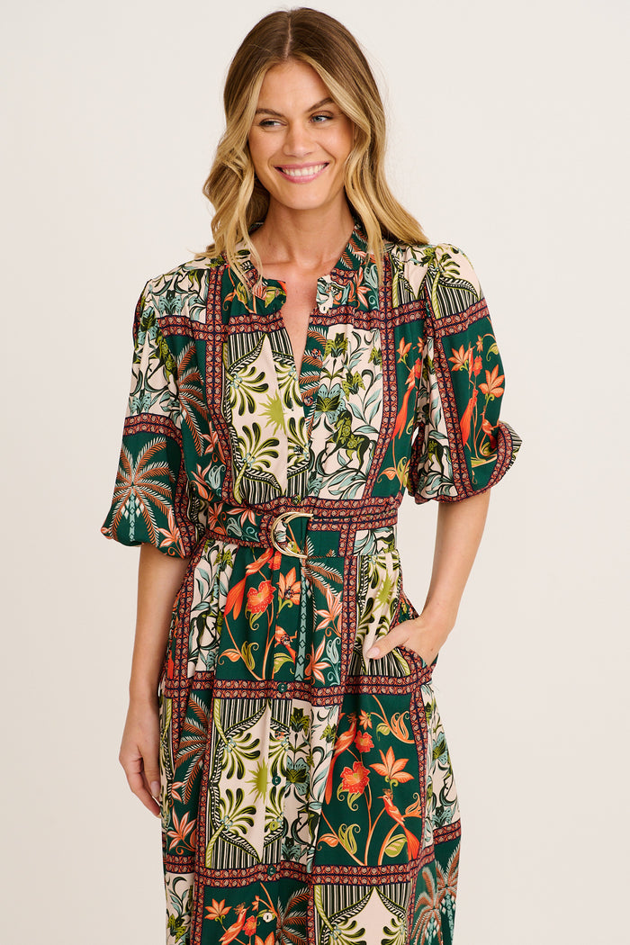 Wildflower Tiles Midi Shirt Dress in Green Tile Print front