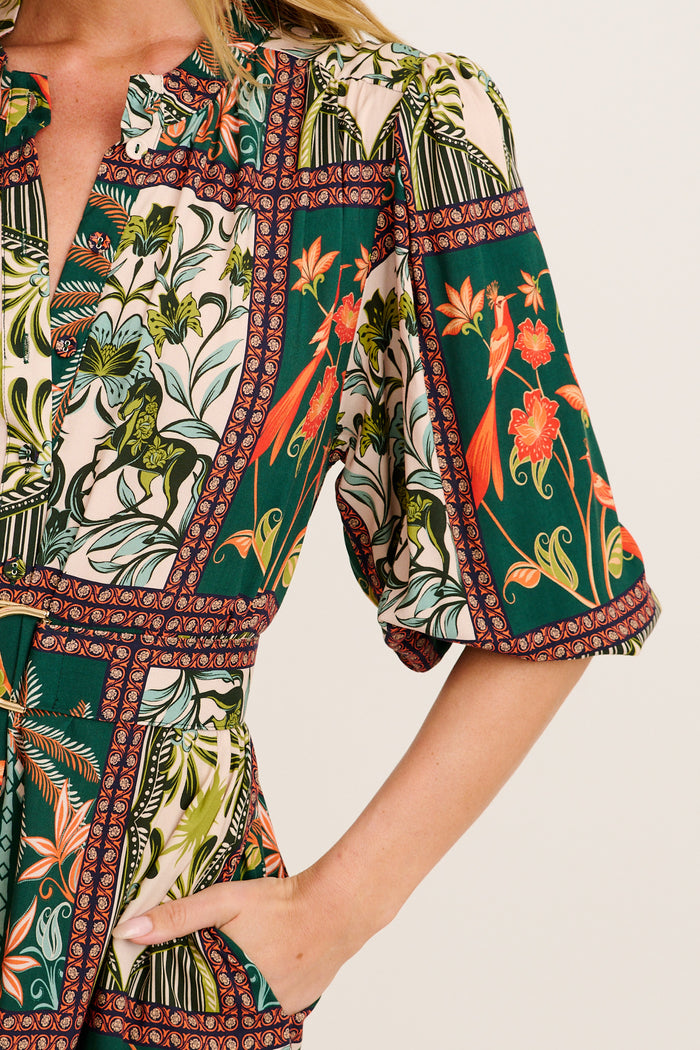 Wildflower Tiles Midi Shirt Dress in Green Tile Print detail