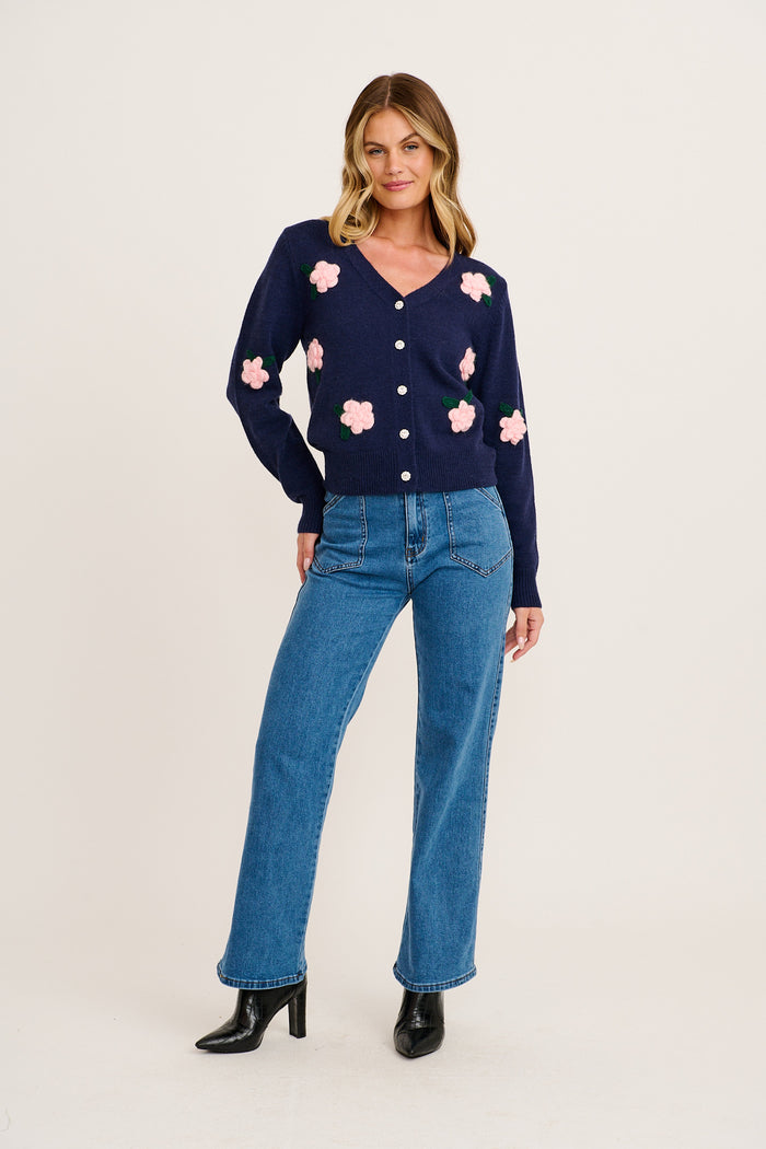 Fuzzy Feeling Knit Cardigan in Navy with Pink Flower full length