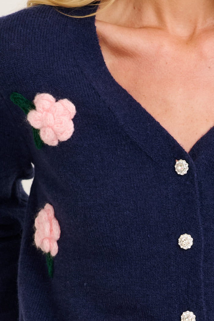 Fuzzy Feeling Knit Cardigan in Navy with Pink Flower detail