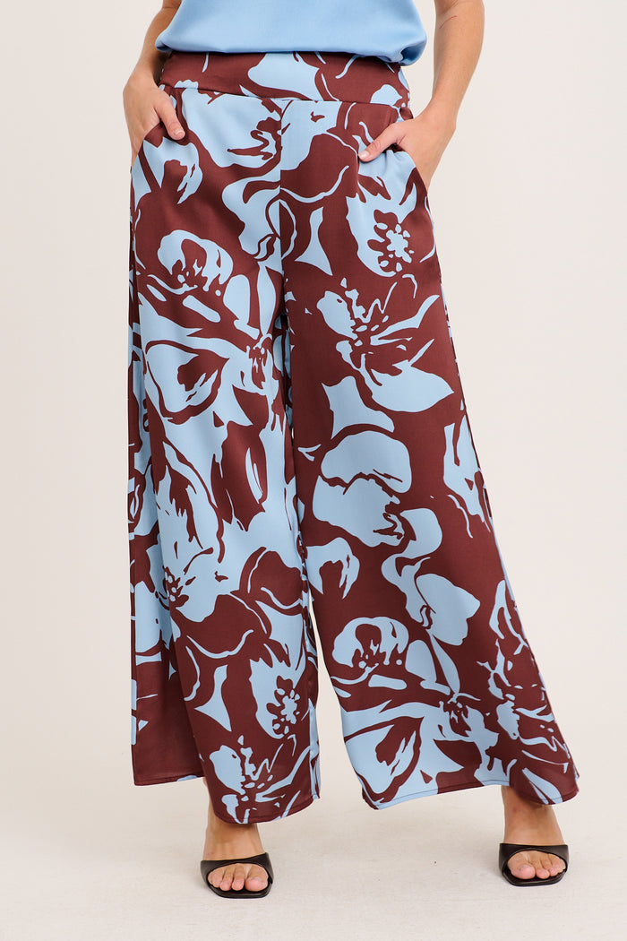 Groovy Pant in Chocolate with Blue Print front