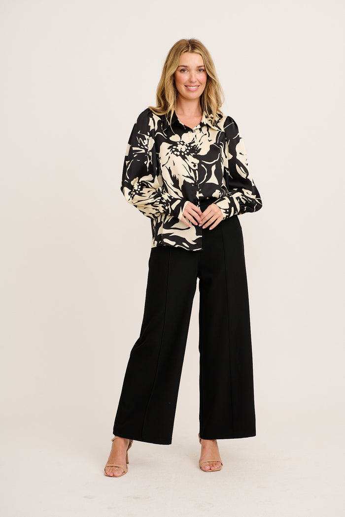 Errands Shirt in Black with Cream Print full length