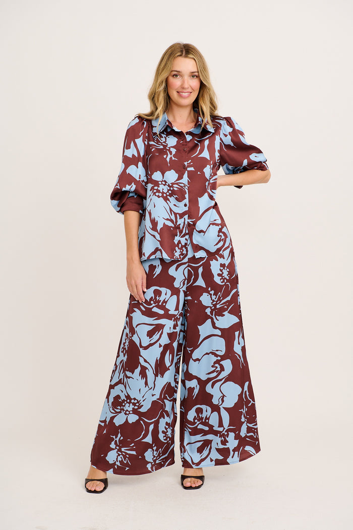 Errands Shirt in Chocolate with Blue Print full length set