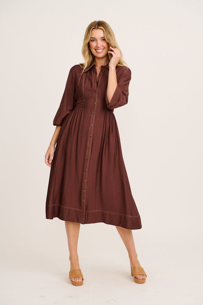 Omaria Midi Shirt Dress in Chocolate full length