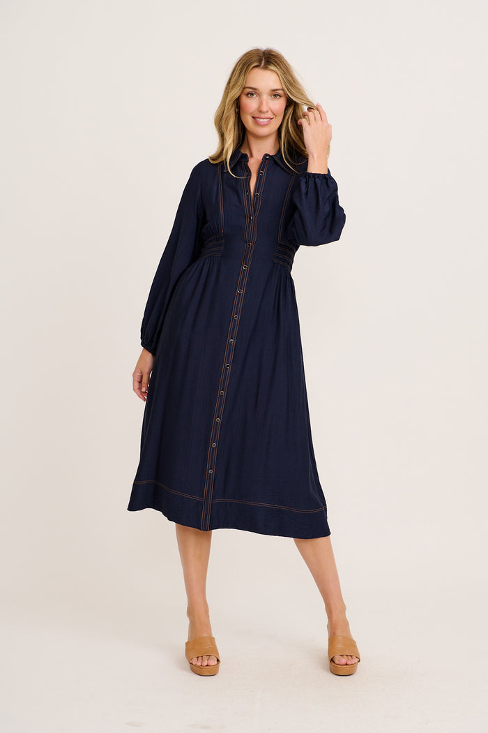Omaria Midi Shirt Dress in Navy full length