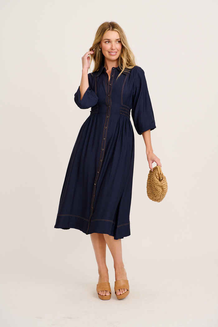 Omaria Midi Shirt Dress in Navy full length