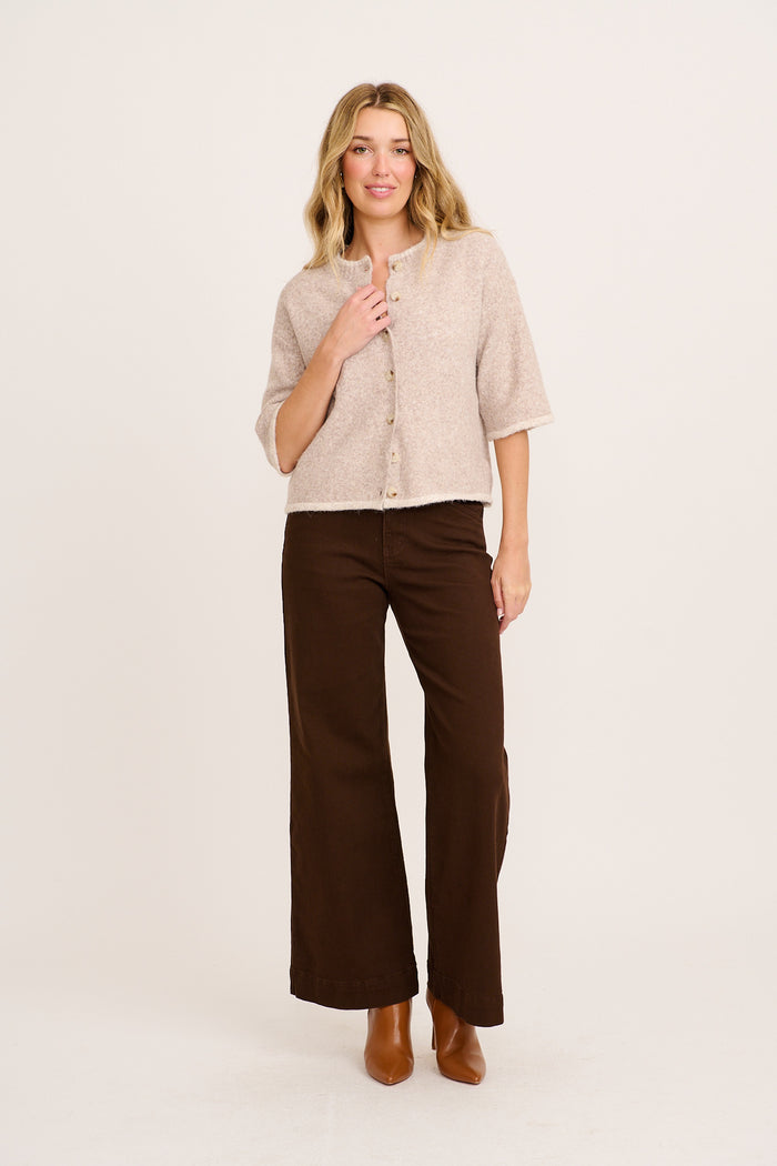 Easy Does It Knit Cardigan in Oatmeal with Chocolate Trim Wool Blend full length