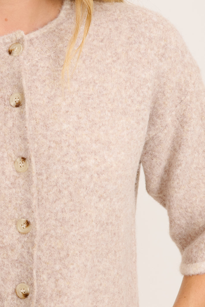 Easy Does It Knit Cardigan in Oatmeal with Chocolate Trim Wool Blend detail