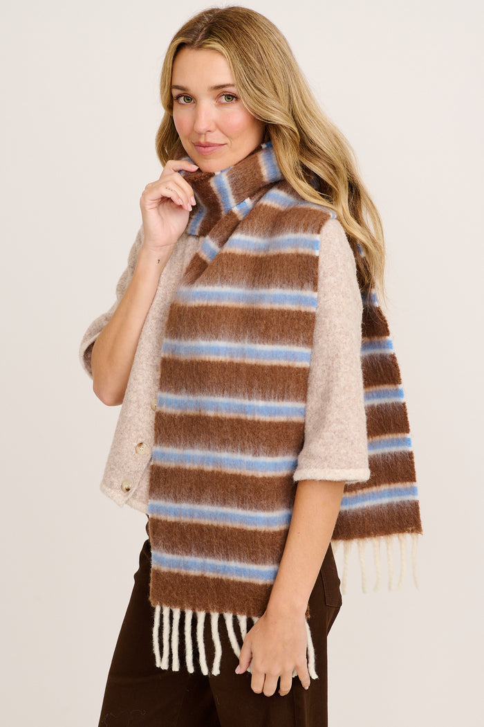 Chloe Knit Scarf in Chocolate and Blue Stripe on model side