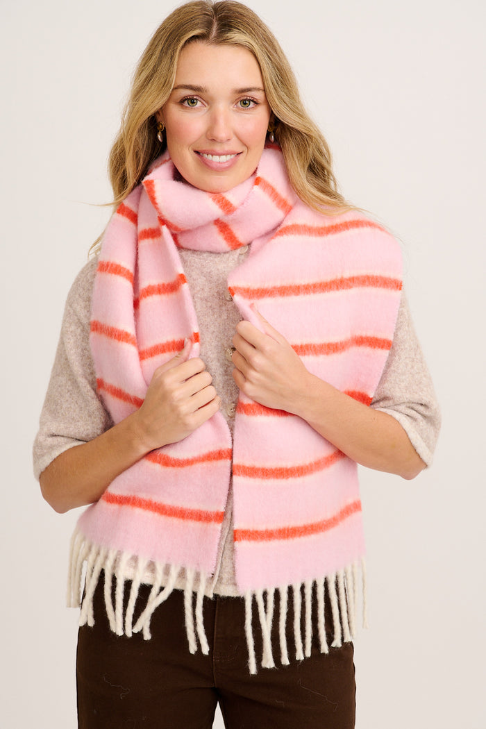 Chloe Knit Scarf in Candy Pink and Red Stripe on model close up
